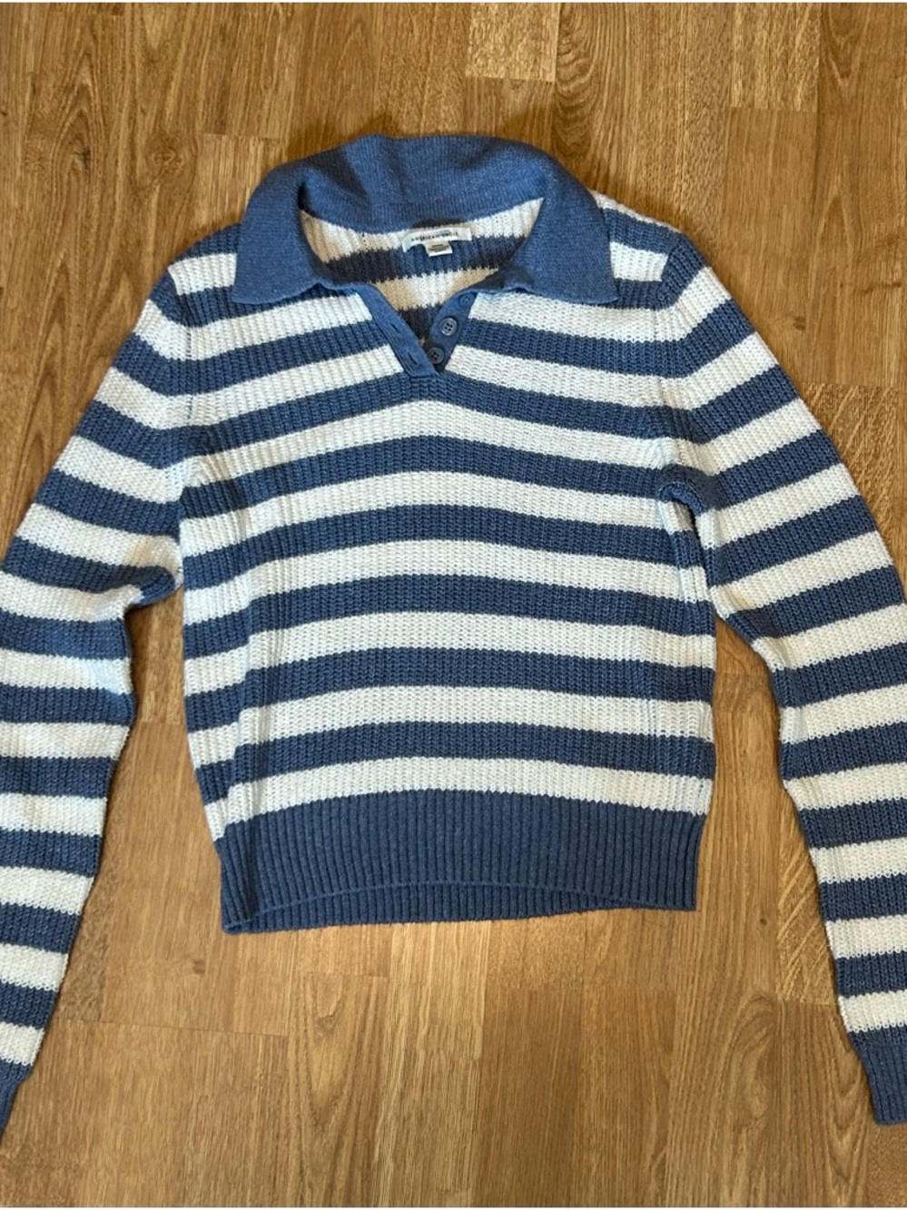 American Eagle Outfitters Blue & Cream Striped V‑Neck Collared Sweater